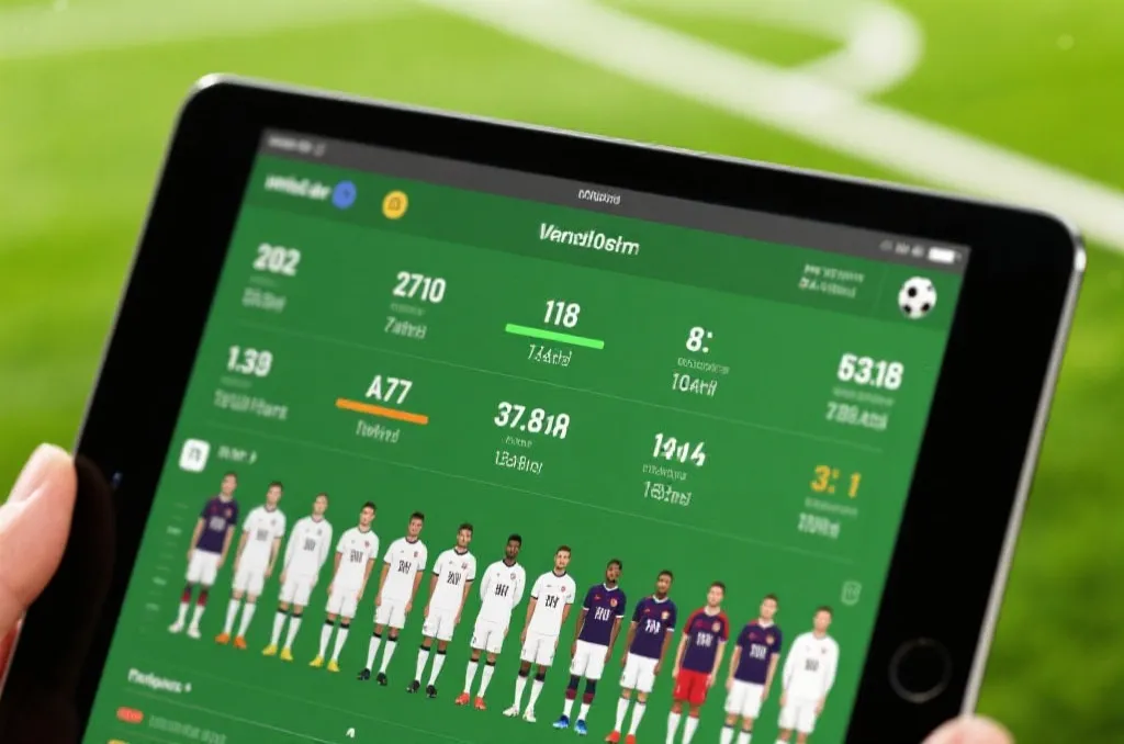 Close-up of a tablet displaying football statistics and team lineups on a green field backdrop