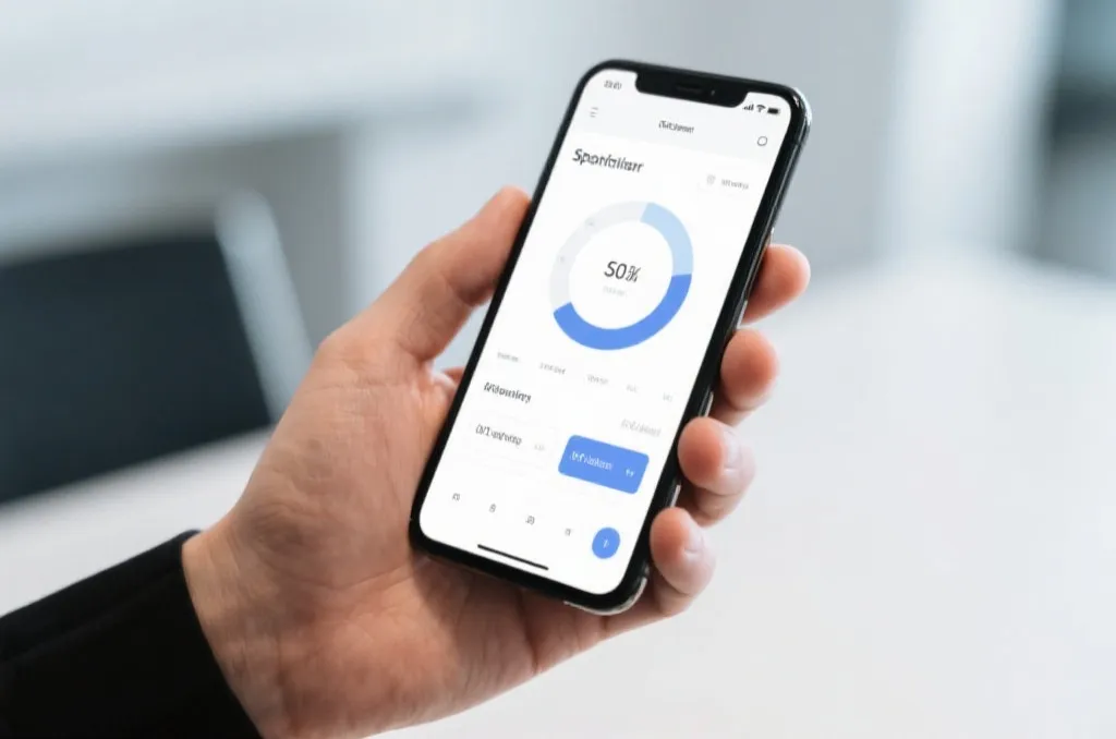 A close-up of a hand holding a modern smartphone, displaying a clean and minimalist sports data visualization UI, clean office background, professional depth of field