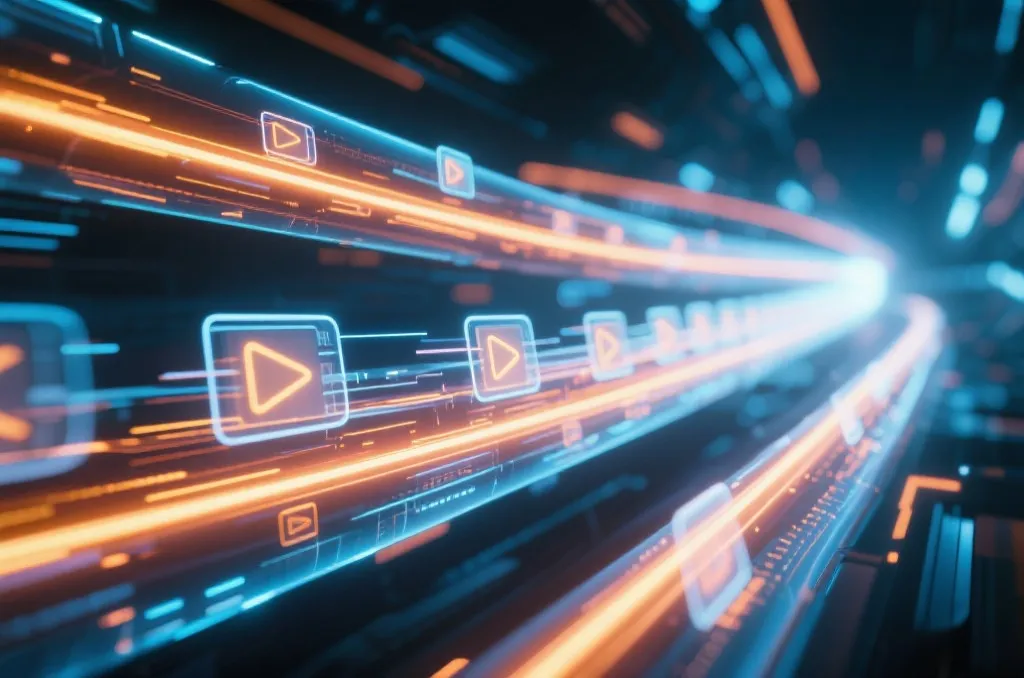 An abstract futuristic visualization of data packets flowing smoothly through glowing channels, representing optimal streaming performance